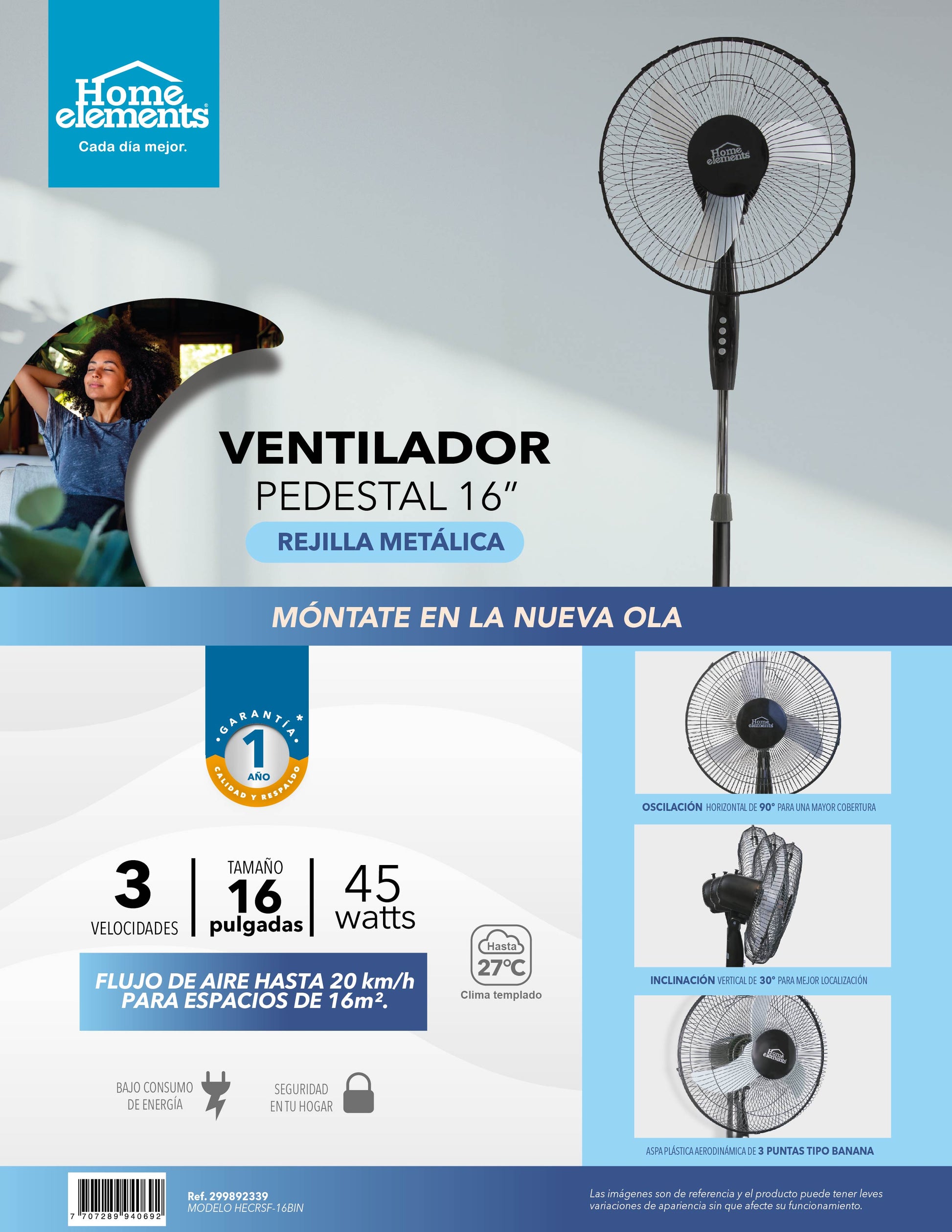 Ventilador Pedestal 16 P 3 Aspas Negro Home Elements