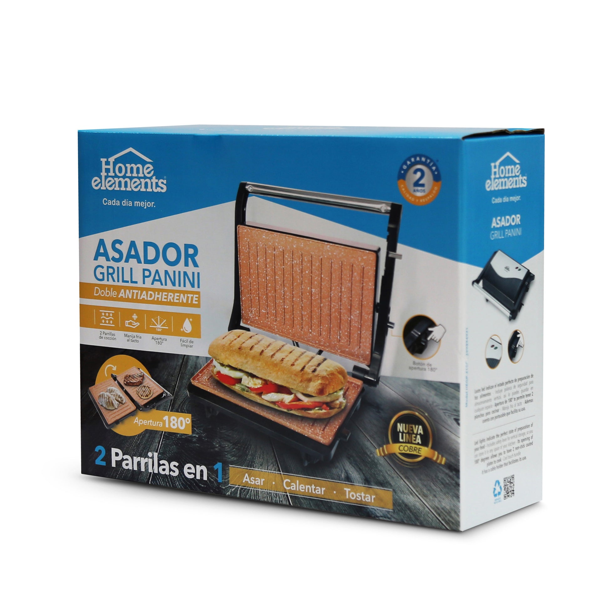 Sanduchera Y Grill Asador Panini Cobre He-215 Home Elements