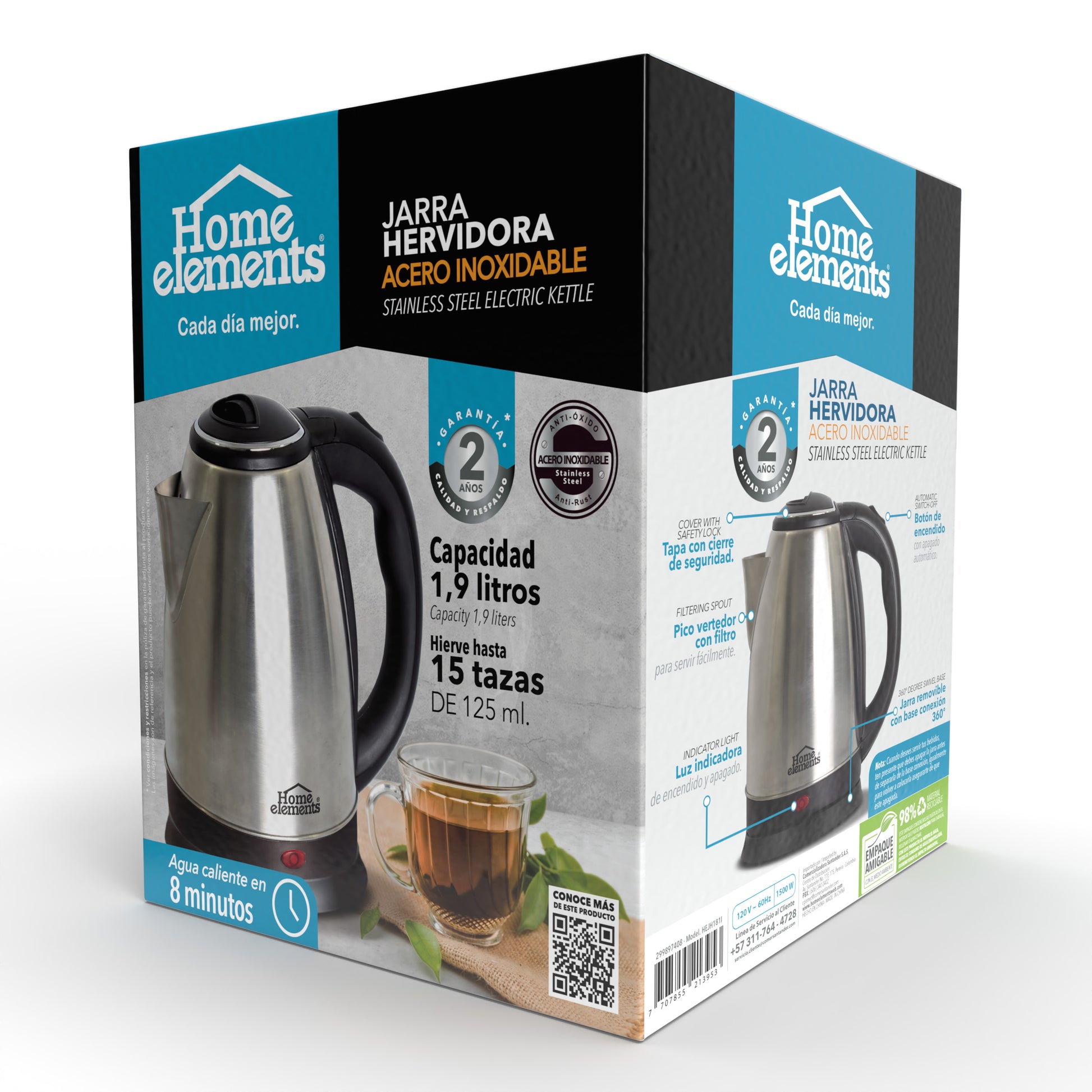 Jarra Hervidora 1.9 Lts Acero Inox Home Elements