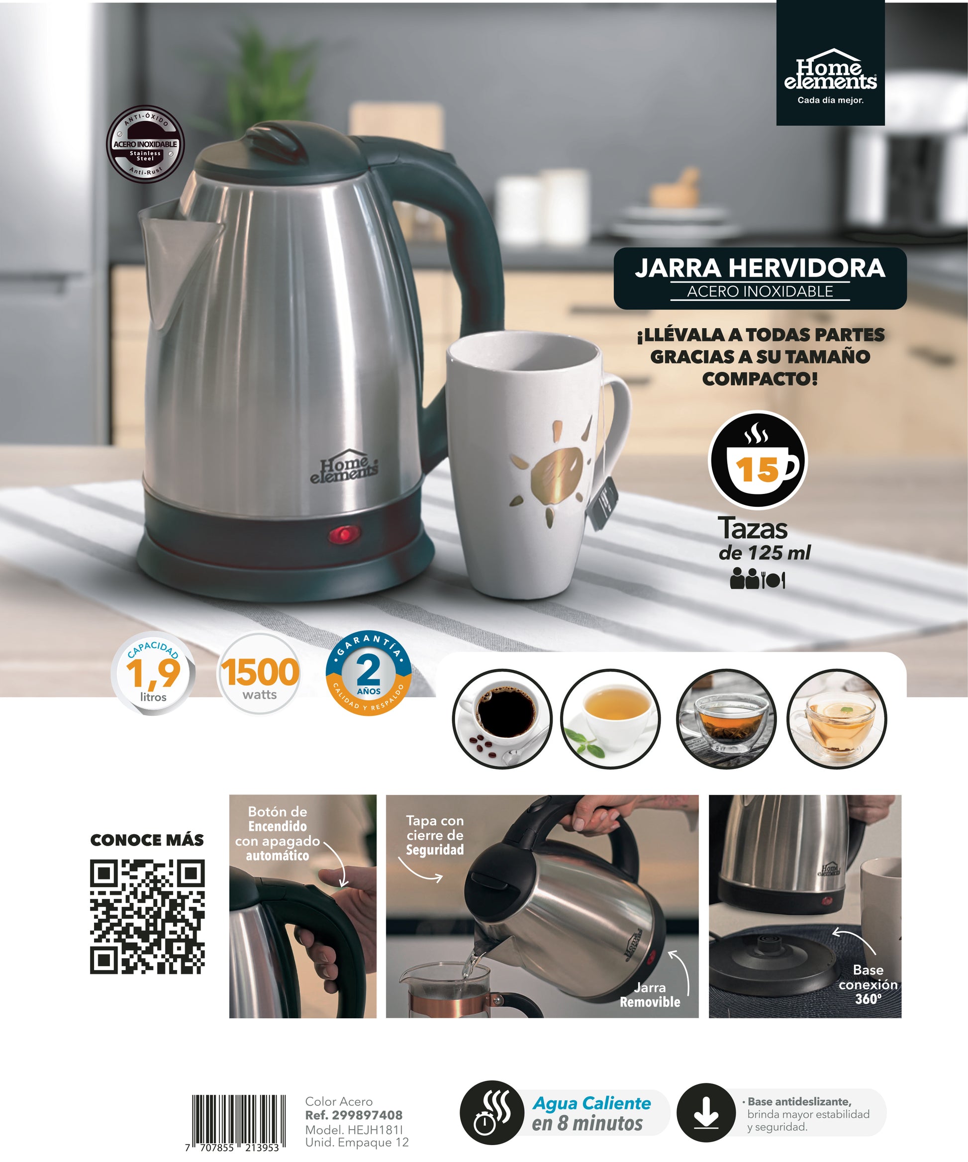 Jarra Hervidora 1.9 Lts Acero Inox Home Elements