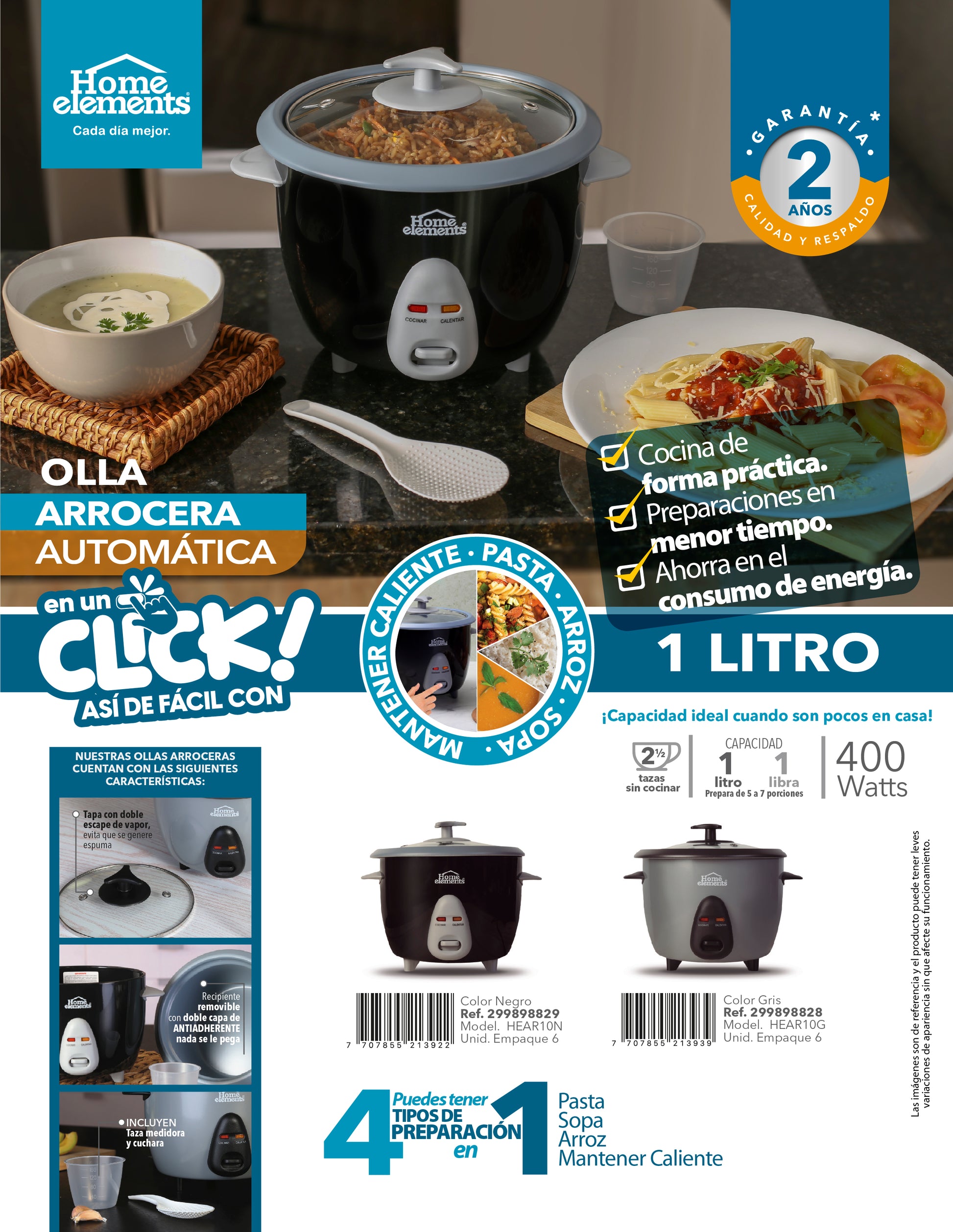 Olla Arrocera 1.0 Lts Negra Home Elements