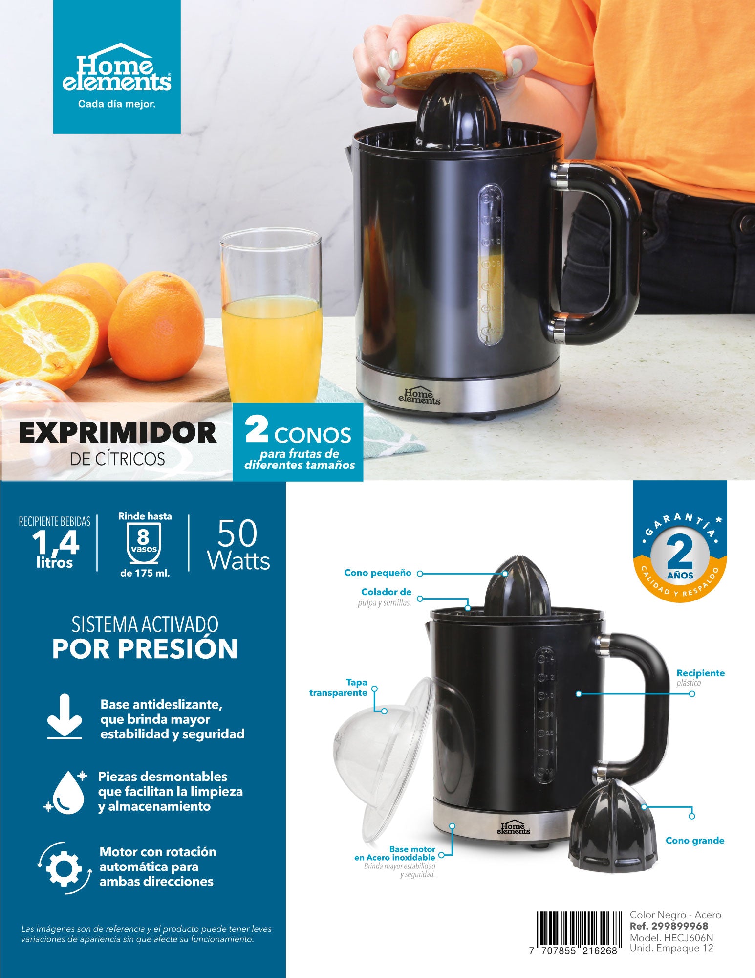 Exprimidor De Jugo 1.4L Negro Home Elements