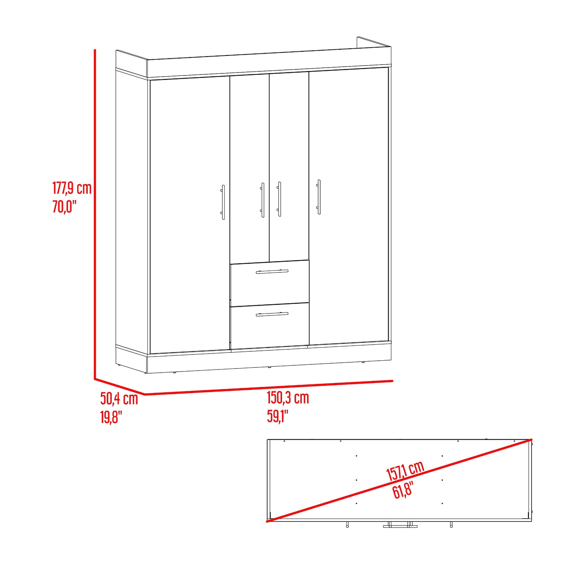 Closet 150 Vm 4 Puertas 2 Cajones 177X150X50 Rta Fresno Eu Wengue