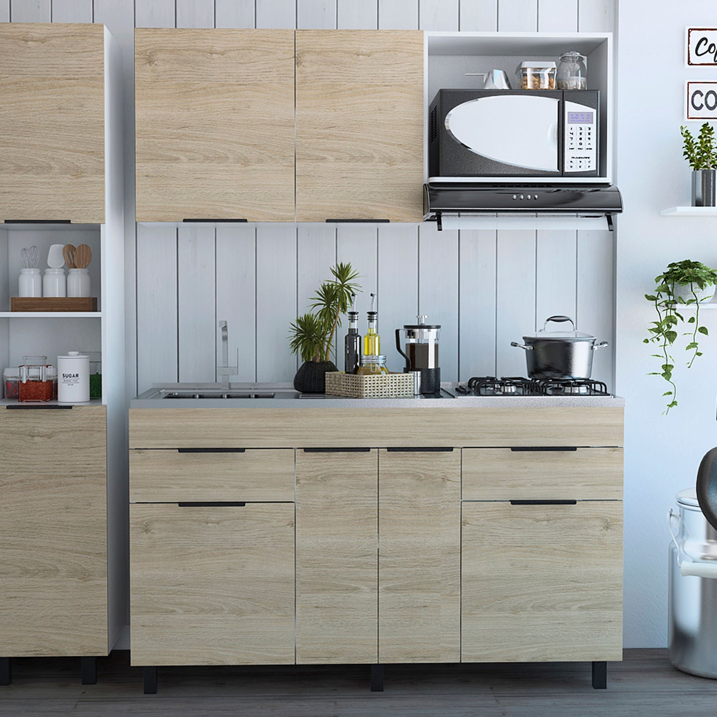 Cocina 1,50 Laport (3C) M.izq. Blanco+Rovere/Blanco M.sup:60X150X33,5 Cm / M.inf: 88X150X51,3 Cm
