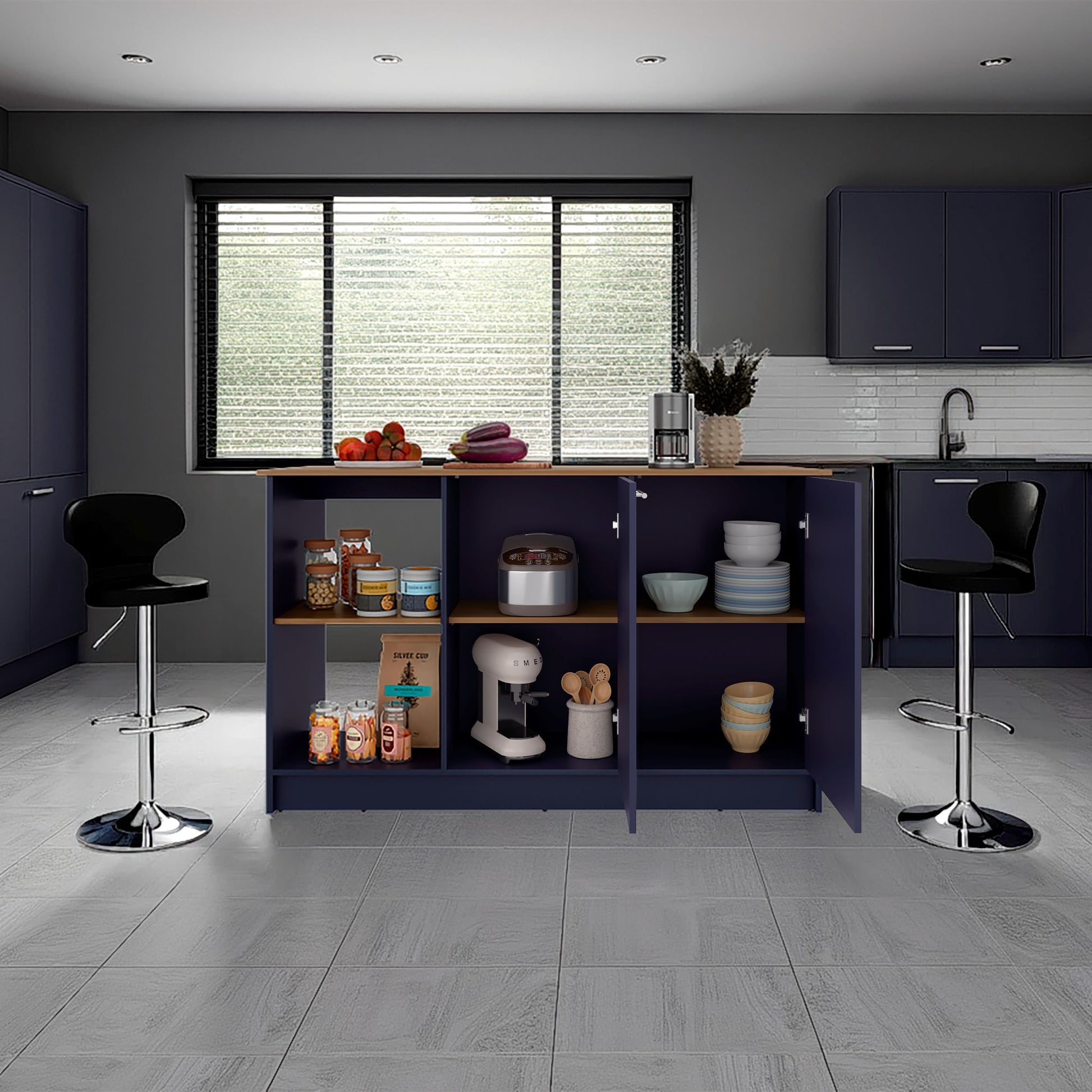 Isla De Cocina Juniper 90X150X64 Rta Azul Fresno Zf