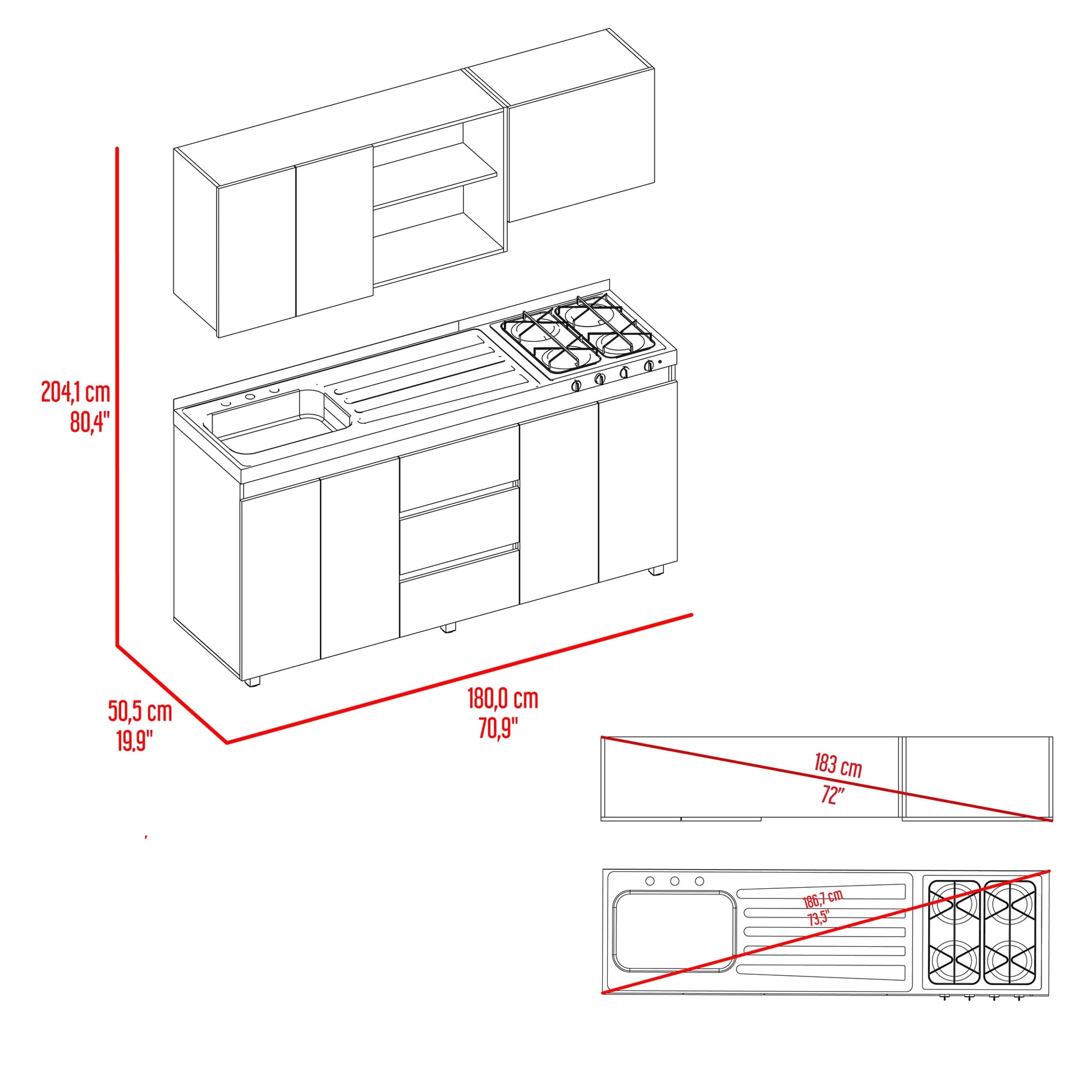 Cocina Boreal Izquierda 210X180X50 Rta Blanco Fresno