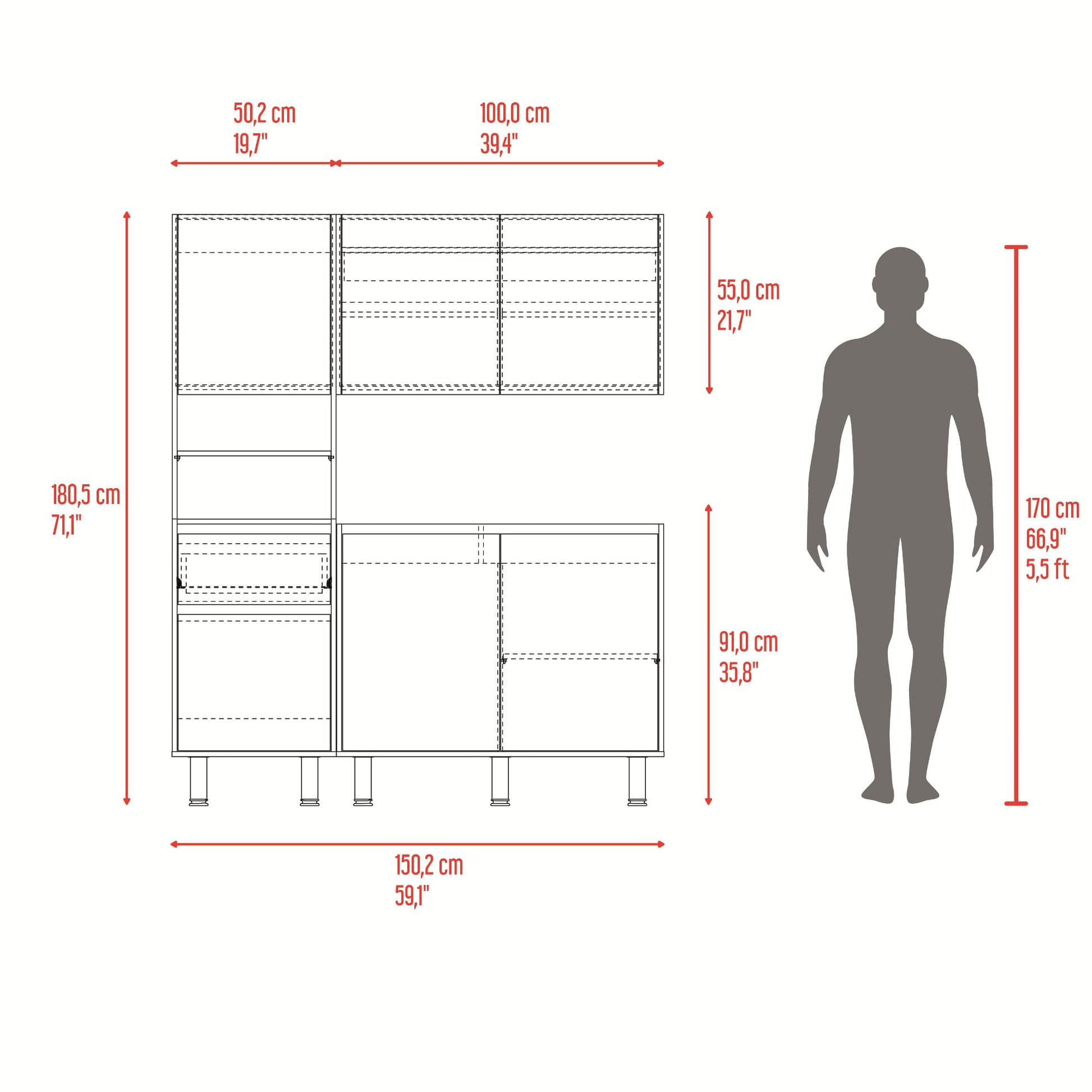 Cocina Dali Para Mesón Derecho 180X150X50 Rta Fresno Wengue