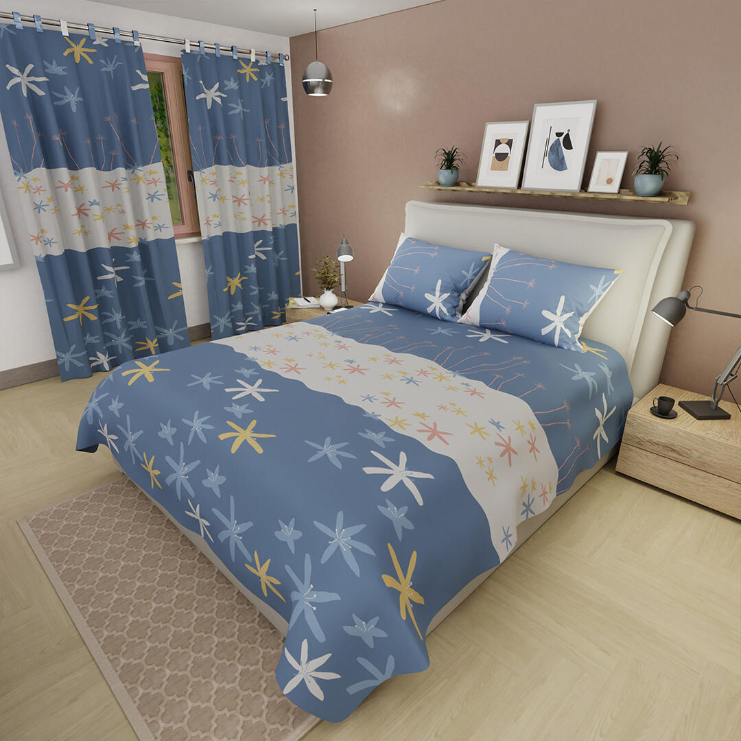 Juego De Sábanas Con Cortinas Flores Amarillas Blancas Fondo Lila