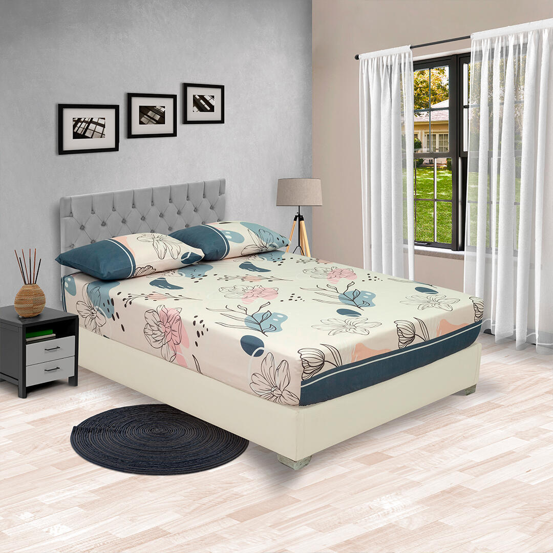 Sabana Semijuego Style Flores Fondo Beige Con Franjas Azules