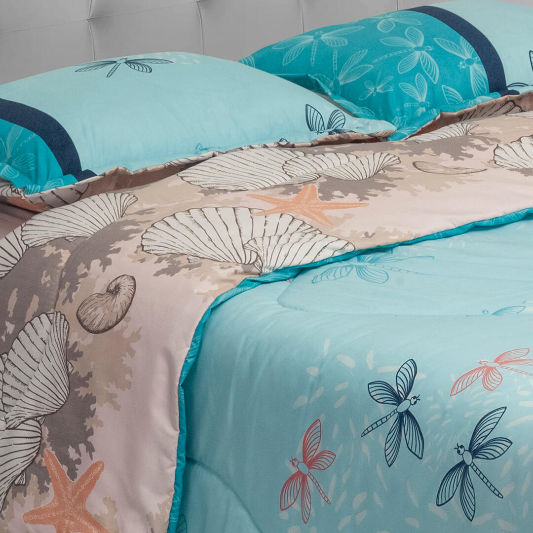 Cubrelecho Semiacolchado Doble Faz Rosado Conchas Estrellas De Mar Suavemente Acolchado
