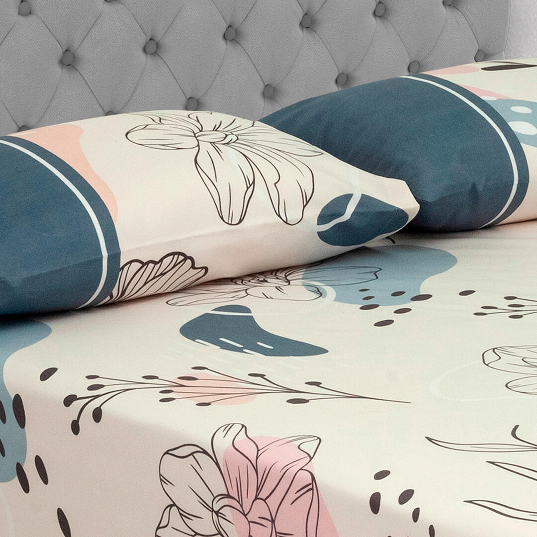 Sabana Semijuego Style Flores Fondo Beige Con Franjas Azules