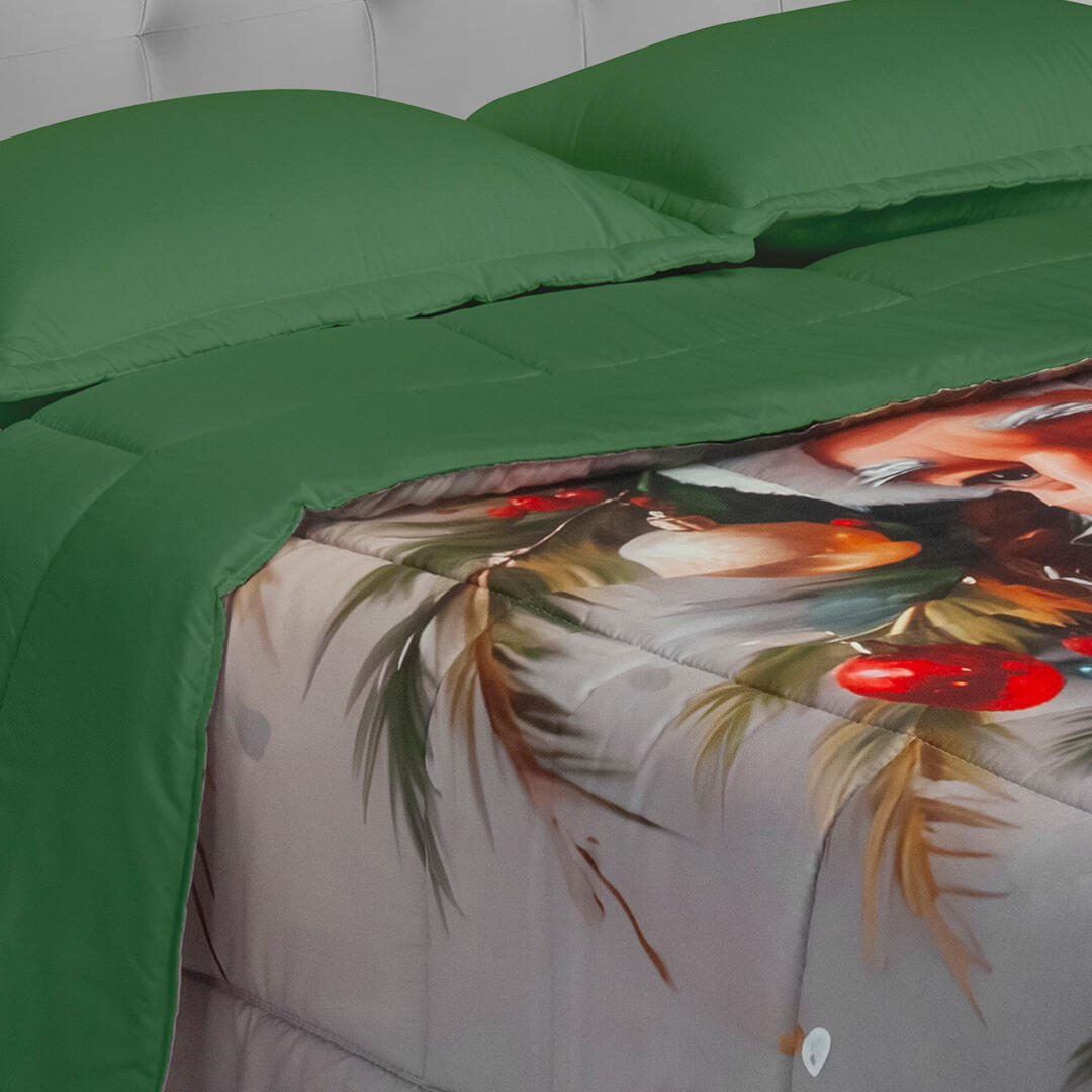 Cubrelecho Doble Faz Navidad De Papa Noel Solo Fondo Verde