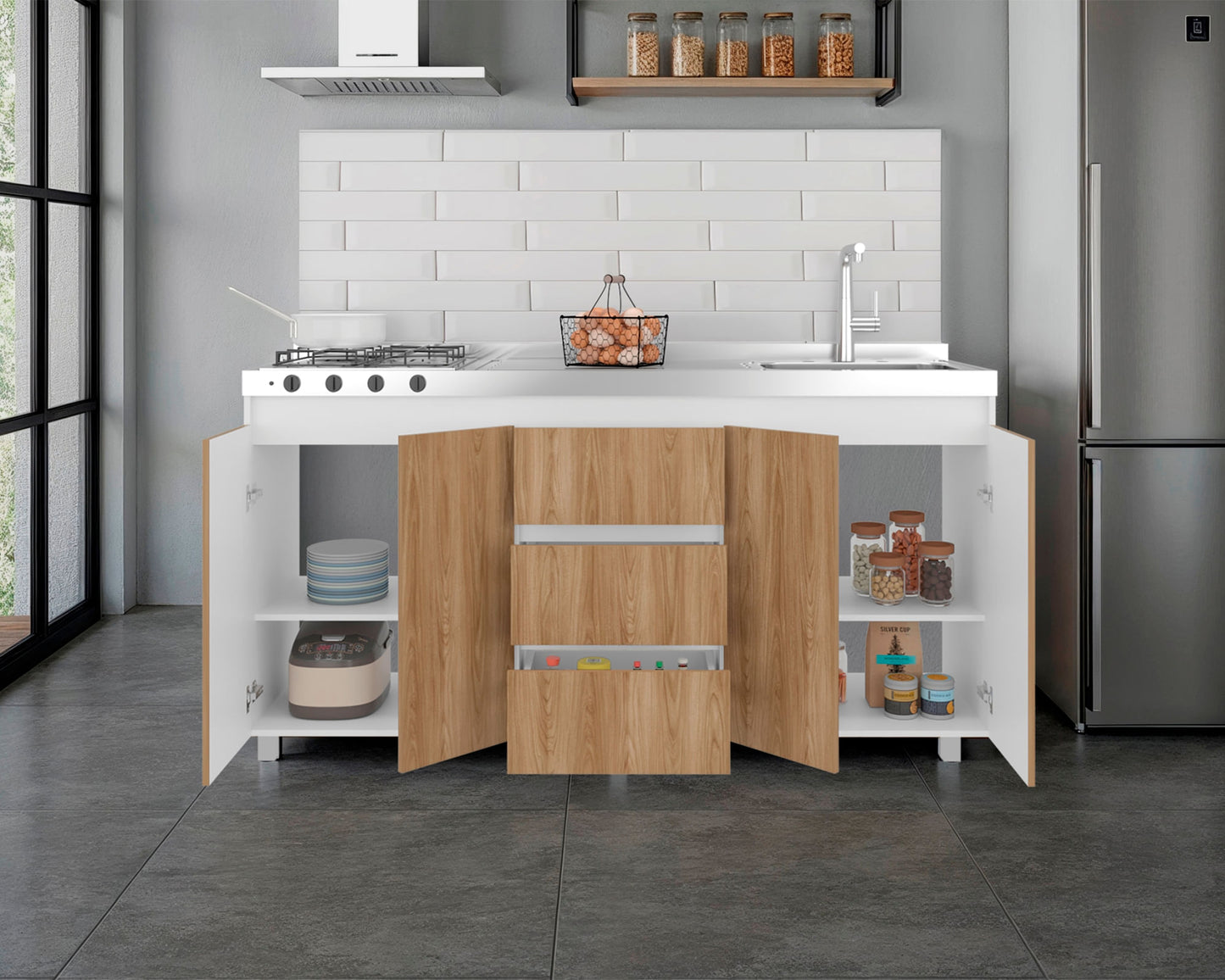 Mueble Inferior Cocina Der 180 Boreal 89X179X49 Rta Blanco Fresno