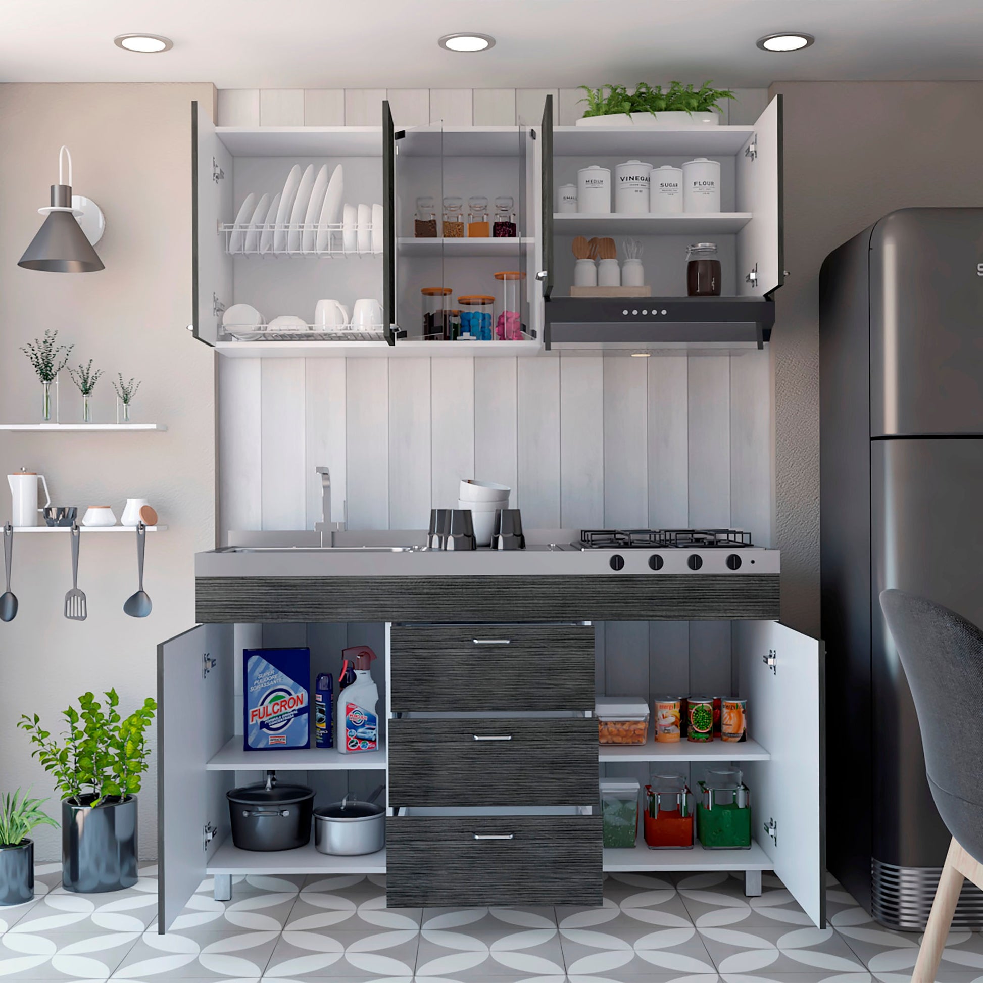 Cocina 150 Lumina Izq 60X150X31 Rta Blanco Roble Gris