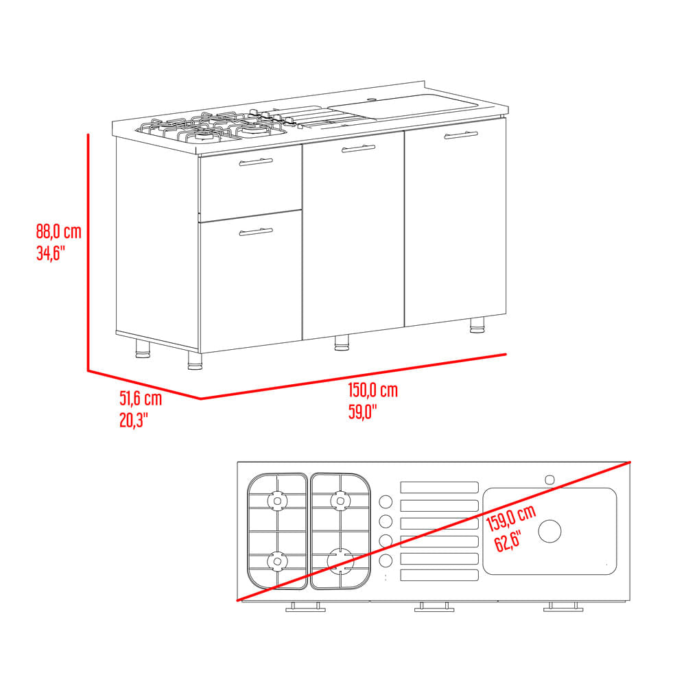 Mueble Inferior Cocina 150 Creta 88X150X40 Blanco Zf