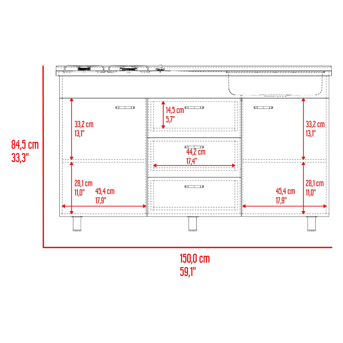 Mueble Inferior De Cocina Der Lumina 84X150X52 Rta Blanco Positano