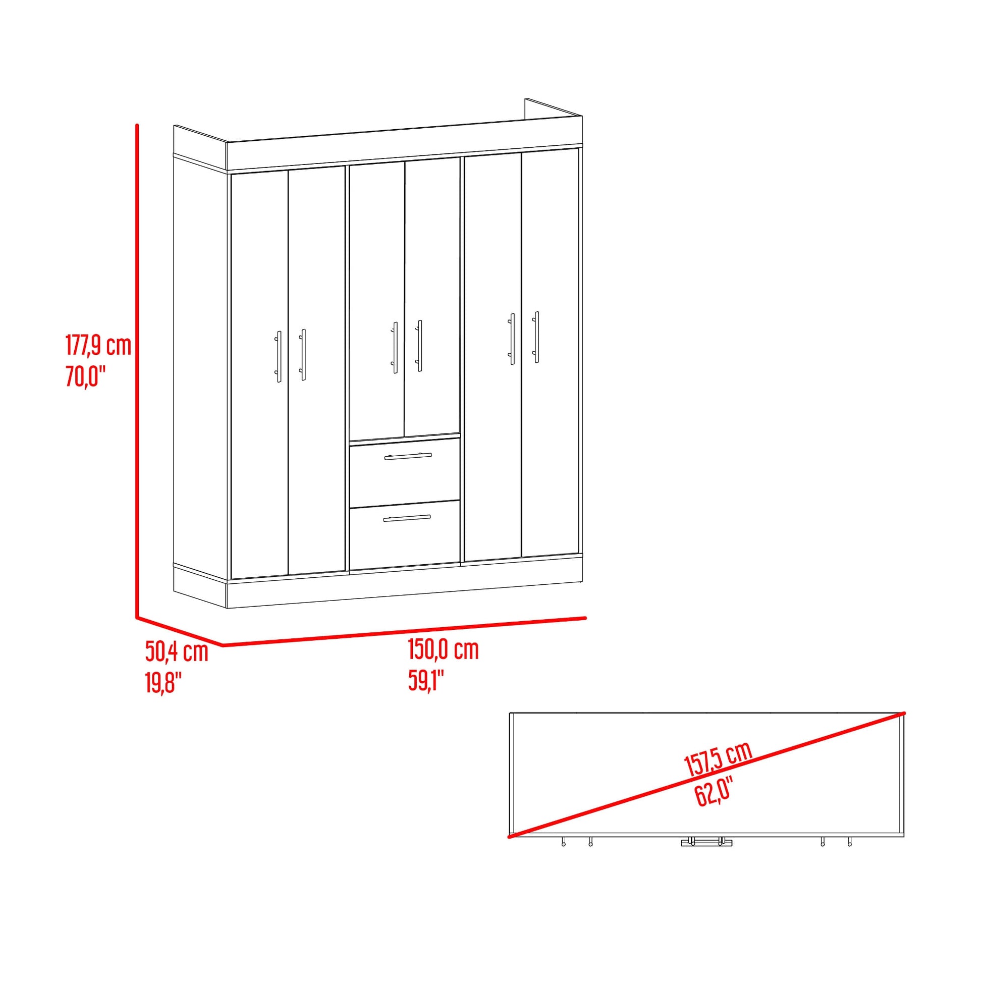 Closet 150 Vm 6 Puertas 2 Cajones 177X150X50Rta Fresno Eu Wengue