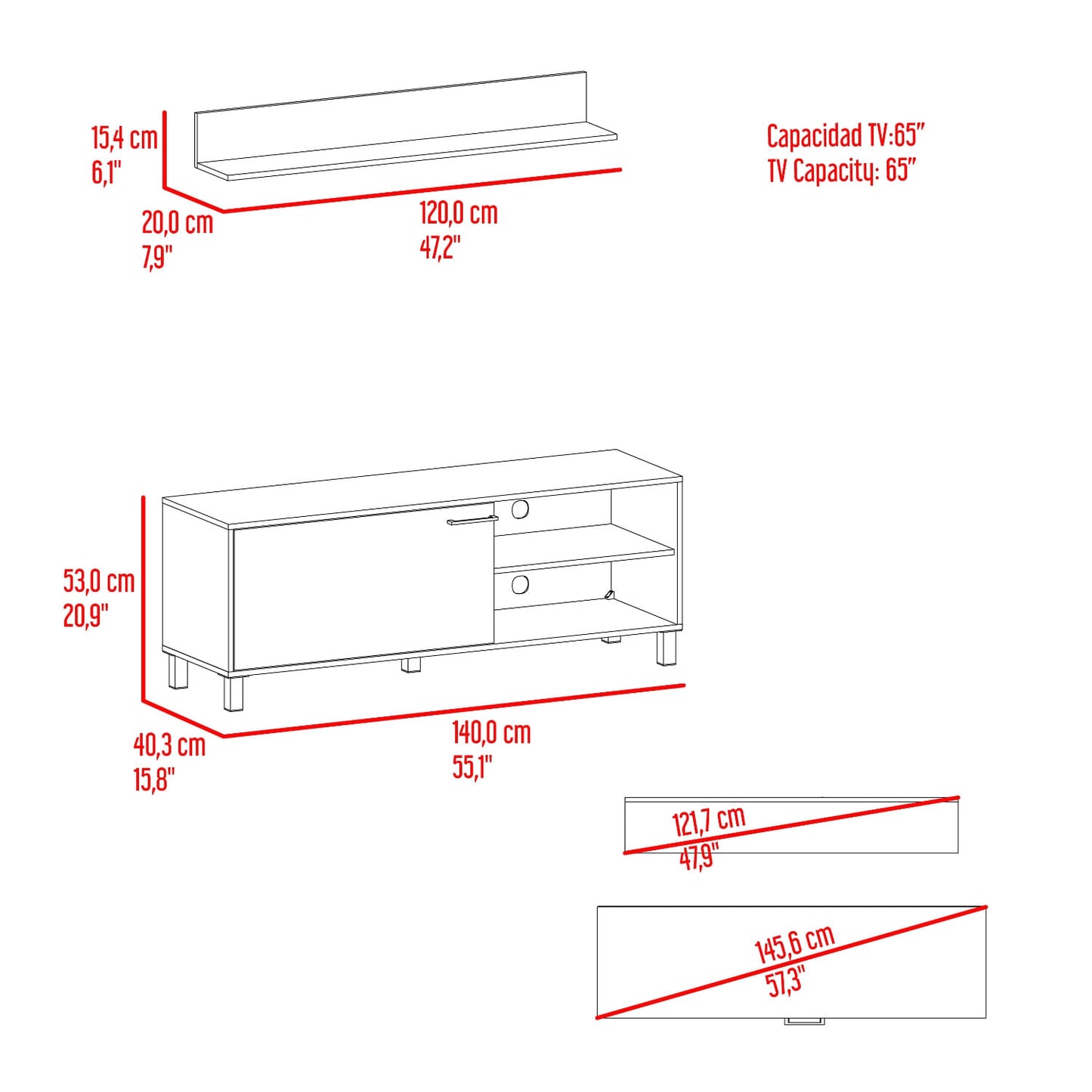 Rack Tv Bryce 55" + Repisa 53X140X40 Rta Blanco Fresno