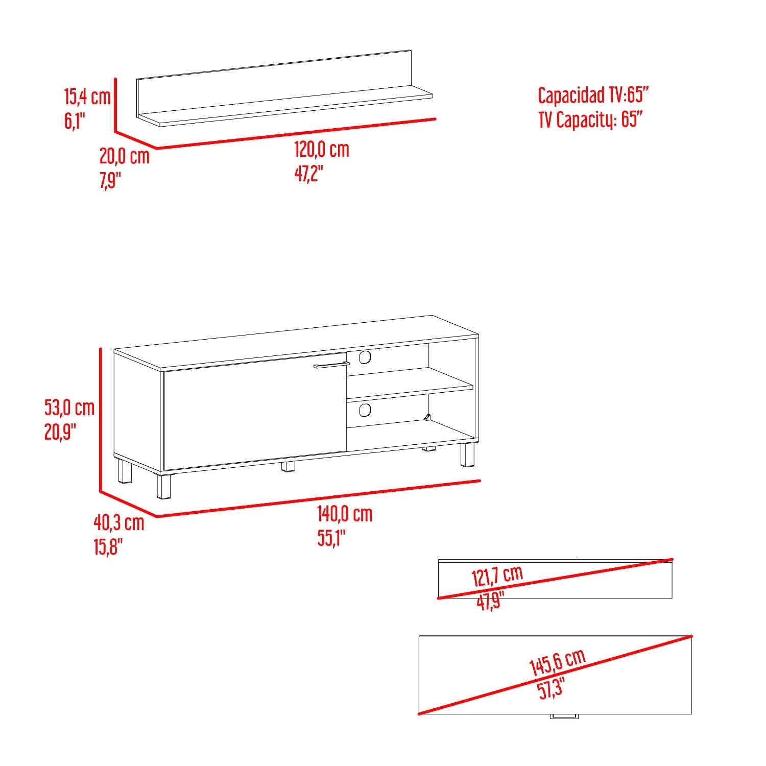 Rack Tv Bryce 55" + Repisa 53X140X40 Rta Blanco Fresno