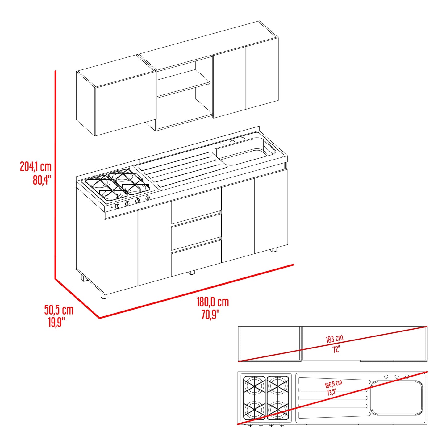 Cocina Boreal Derecha 210X180X50 Rta Blanco Fresno