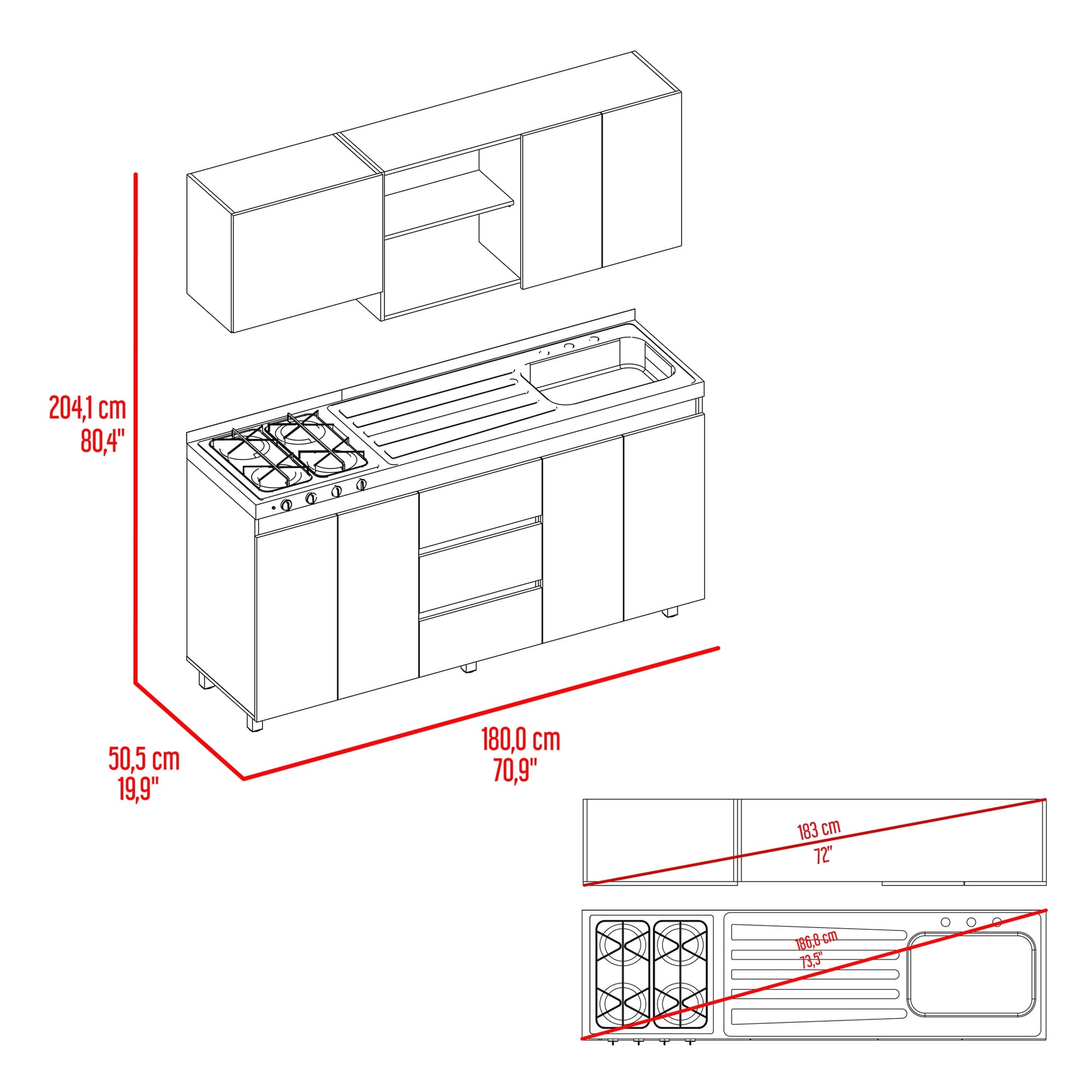Cocina Boreal Derecha 210X180X50 Rta Blanco Fresno