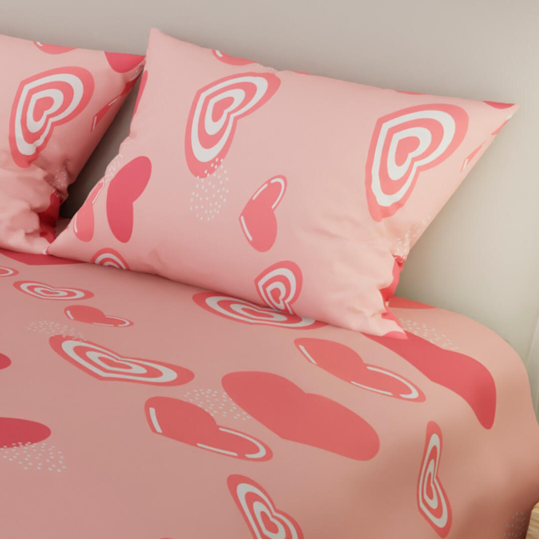 Juego De Sabanas Con Cortinas Rosado Blanco Corazones