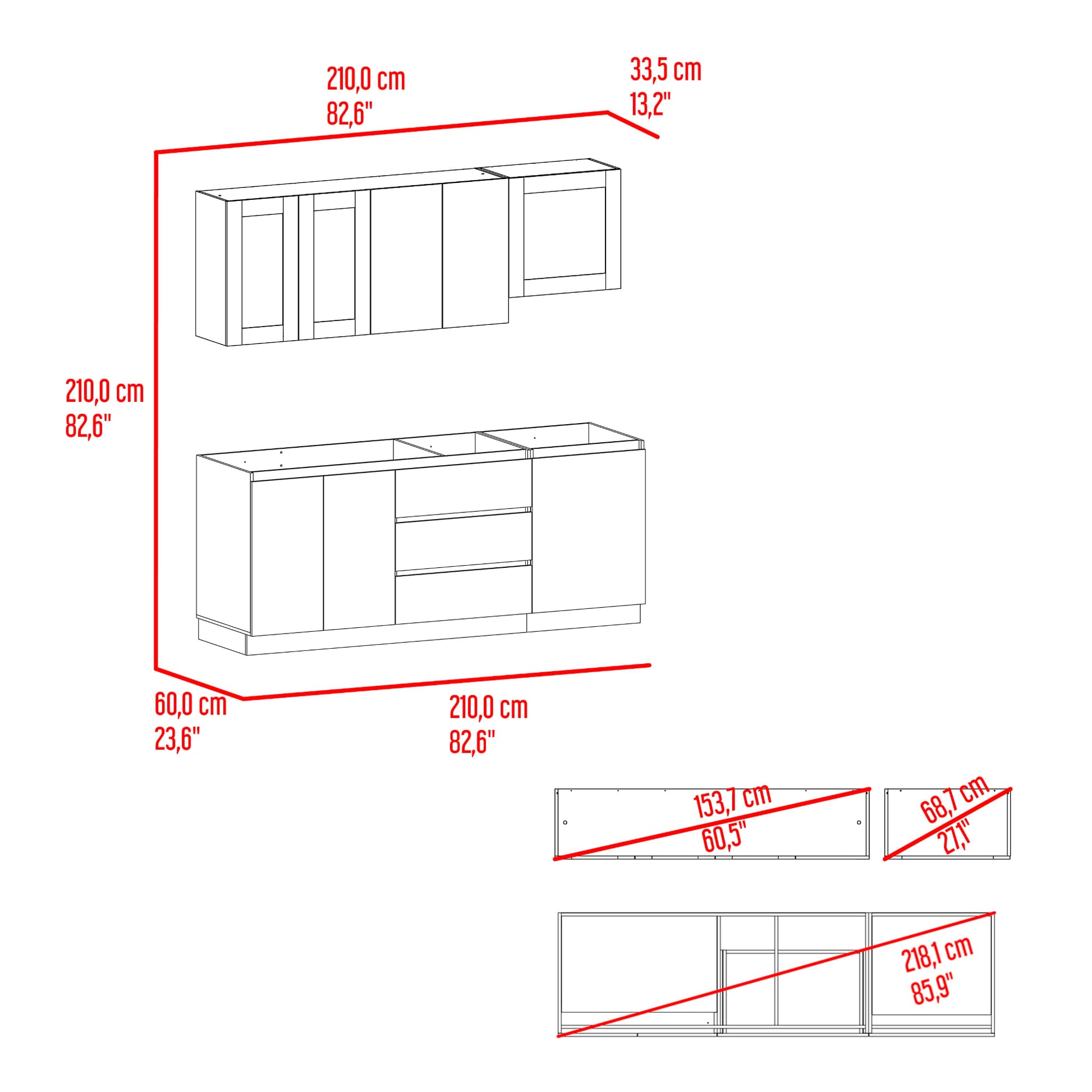 Cocina 210 Solana 70X210X32 Rta Fresno Eu Azul Marino
