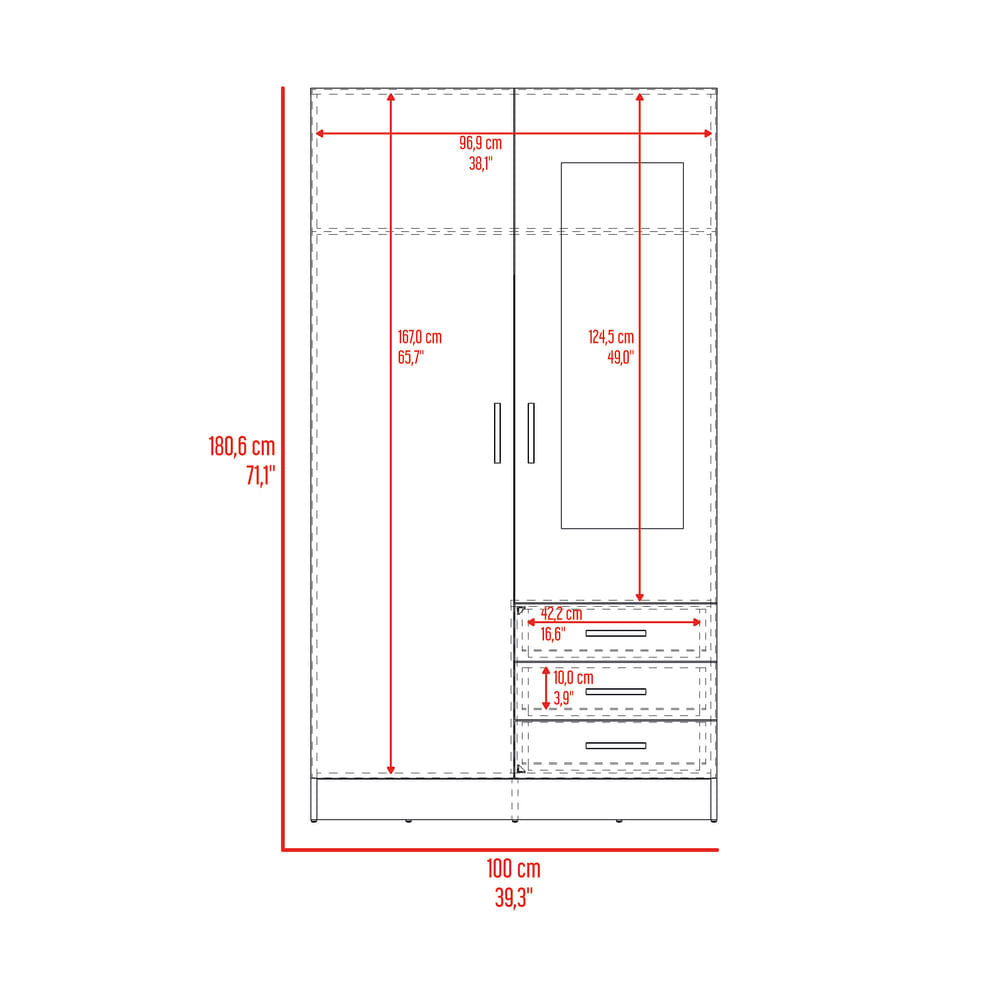 Closet 2P 3C Con Espejo 180X100X48 Rta Wengue