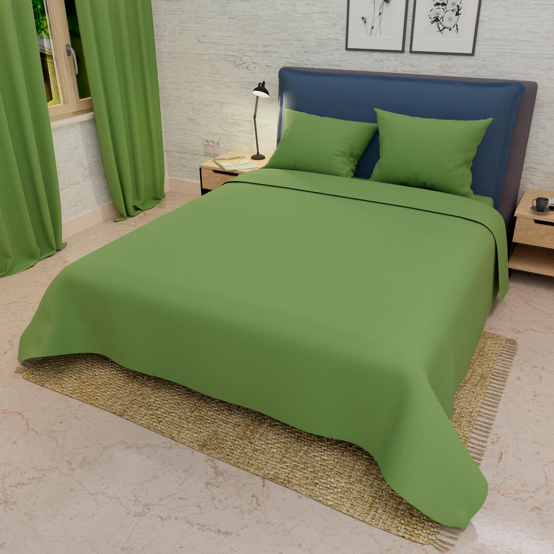 Juego De Sábana Con Cortina Solo Fondo Verde Lisa