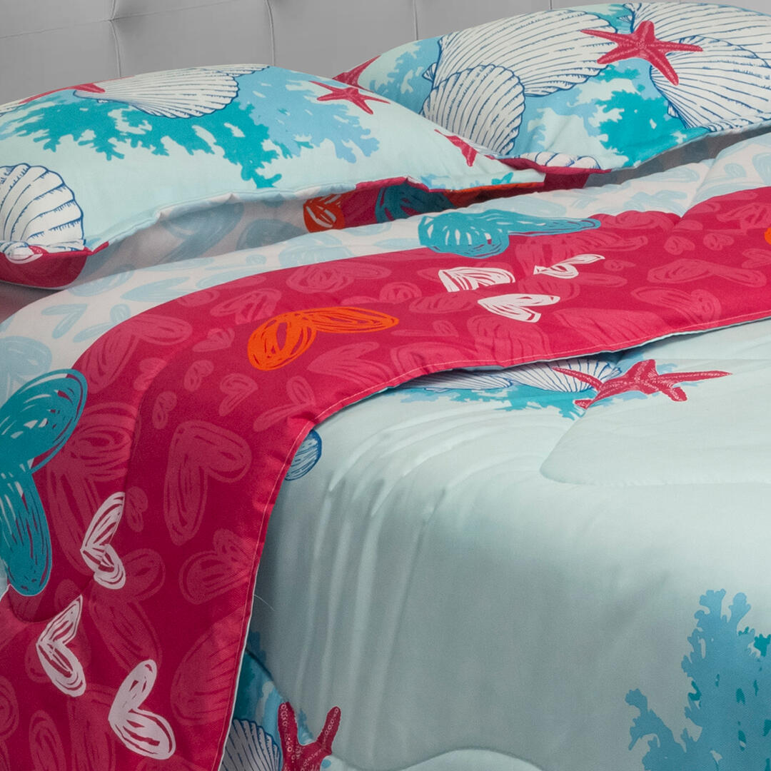 Cubrelecho Semiacolchado Doble Faz Fucsia Patrón De Corazones Azul Naranja Suavemente Acolchado