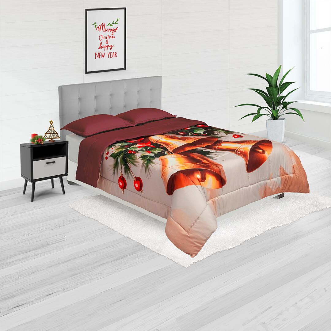 Cubrelecho Navideño Doble Faz Campanas De Navidad Solo Fondo Vinotinto