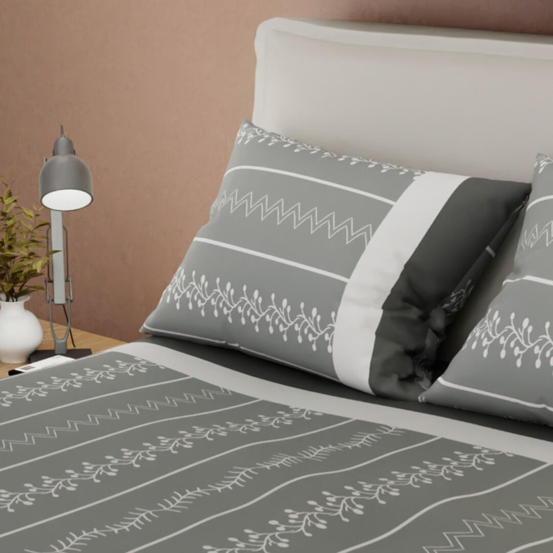 Juego De Sábanas 180 Hilos Gris Con Gramíneas  En Fondo Blanco Confortable