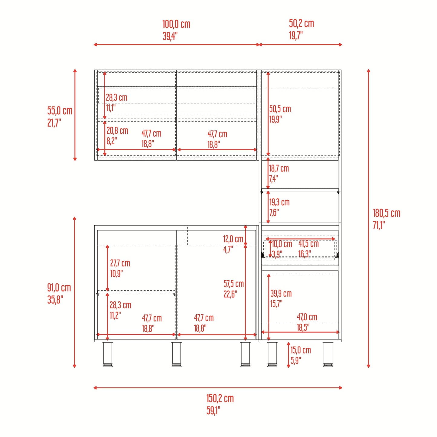 Cocina Dali Para Mesón Izquierdo 180X150X50 Rta Fresno Wengue
