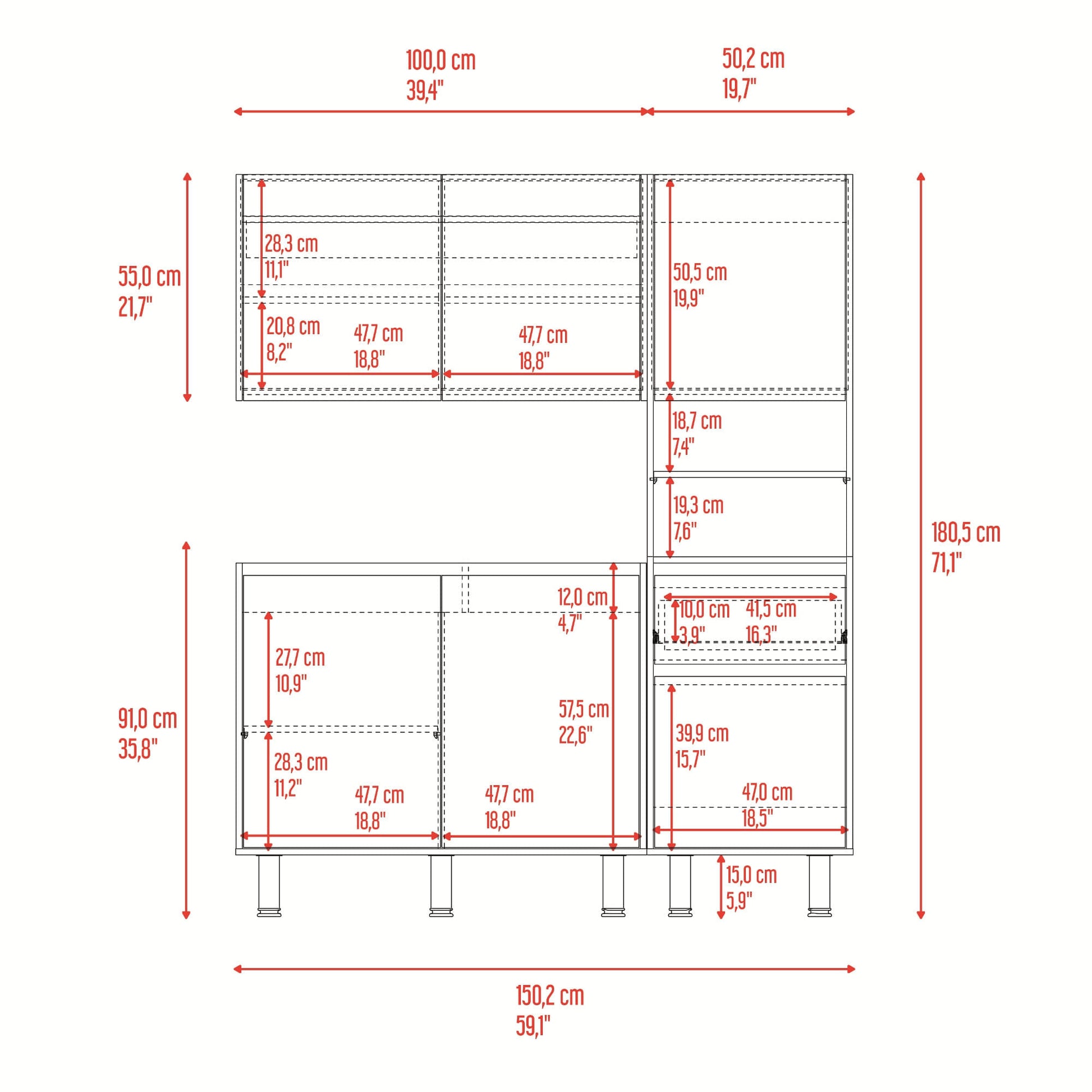 Cocina Dali Para Mesón Izquierdo 180X150X50 Rta Fresno Wengue