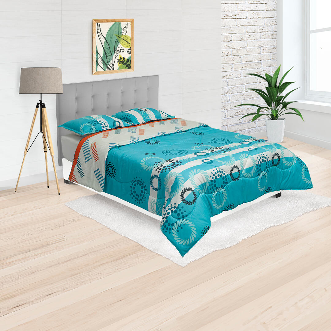 Cubrelecho Semiacolchado Doble Faz Azul Patrón Brisa Tropical Con Líneas Blancas Suavemente Acolchado