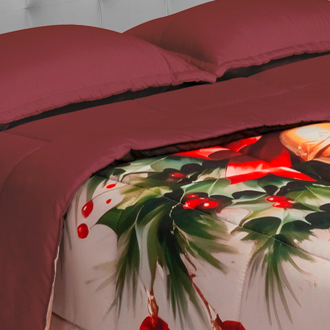 Cubrelecho Navideño Doble Faz Campanas De Navidad Solo Fondo Vinotinto