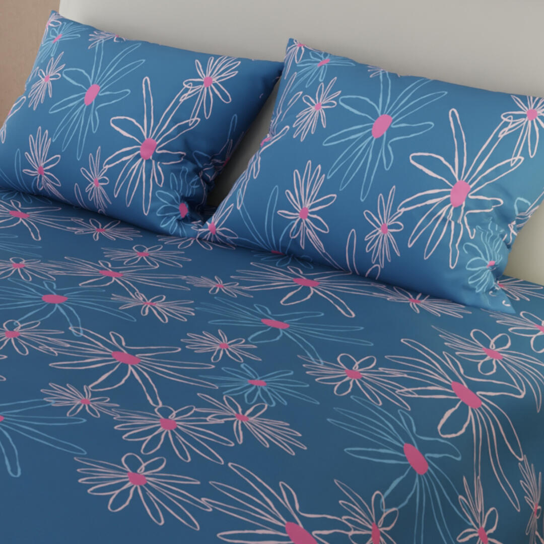 Juego De Sábanas Microfibra Suavizada Azul Blanco Flores Confortable