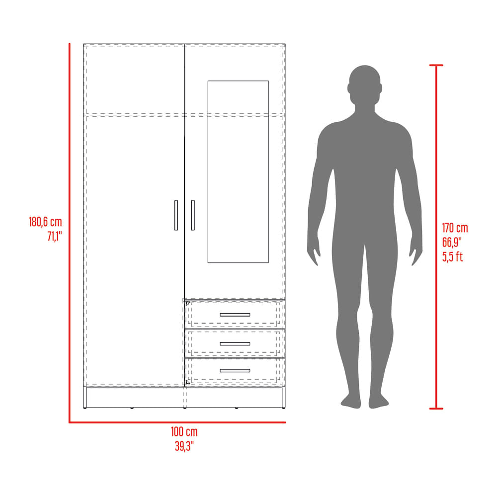 Closet 2P 3C Con Espejo 180X100X48 Rta Wengue