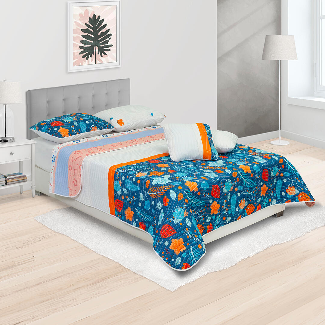 Cubrelecho Español Estrellas Círculos Rosados Azules En Fondo Blanco Y Azul Cielo Y Hojas De Mar Fondo Azul Y Blanco Con Lineas Naranjas