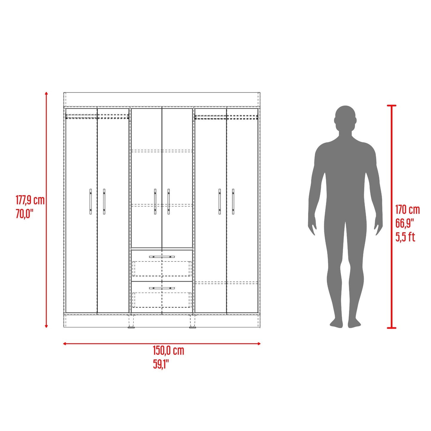 Closet 150 Vm 6 Puertas 2 Cajones 177X150X50Rta Fresno Eu Wengue