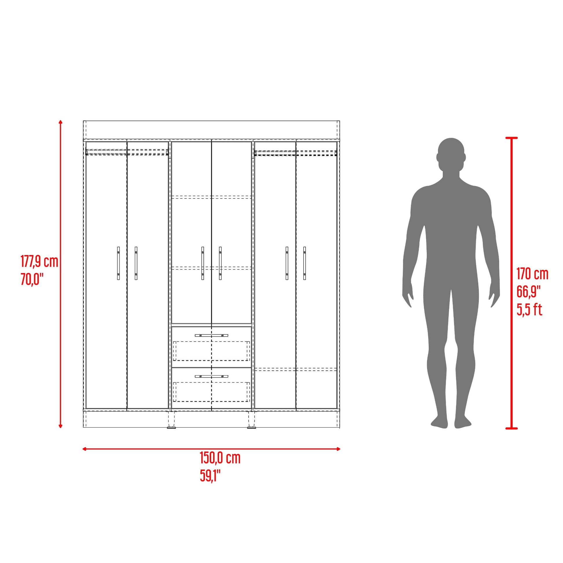 Closet 150 Vm 6 Puertas 2 Cajones 177X150X50Rta Fresno Eu Wengue