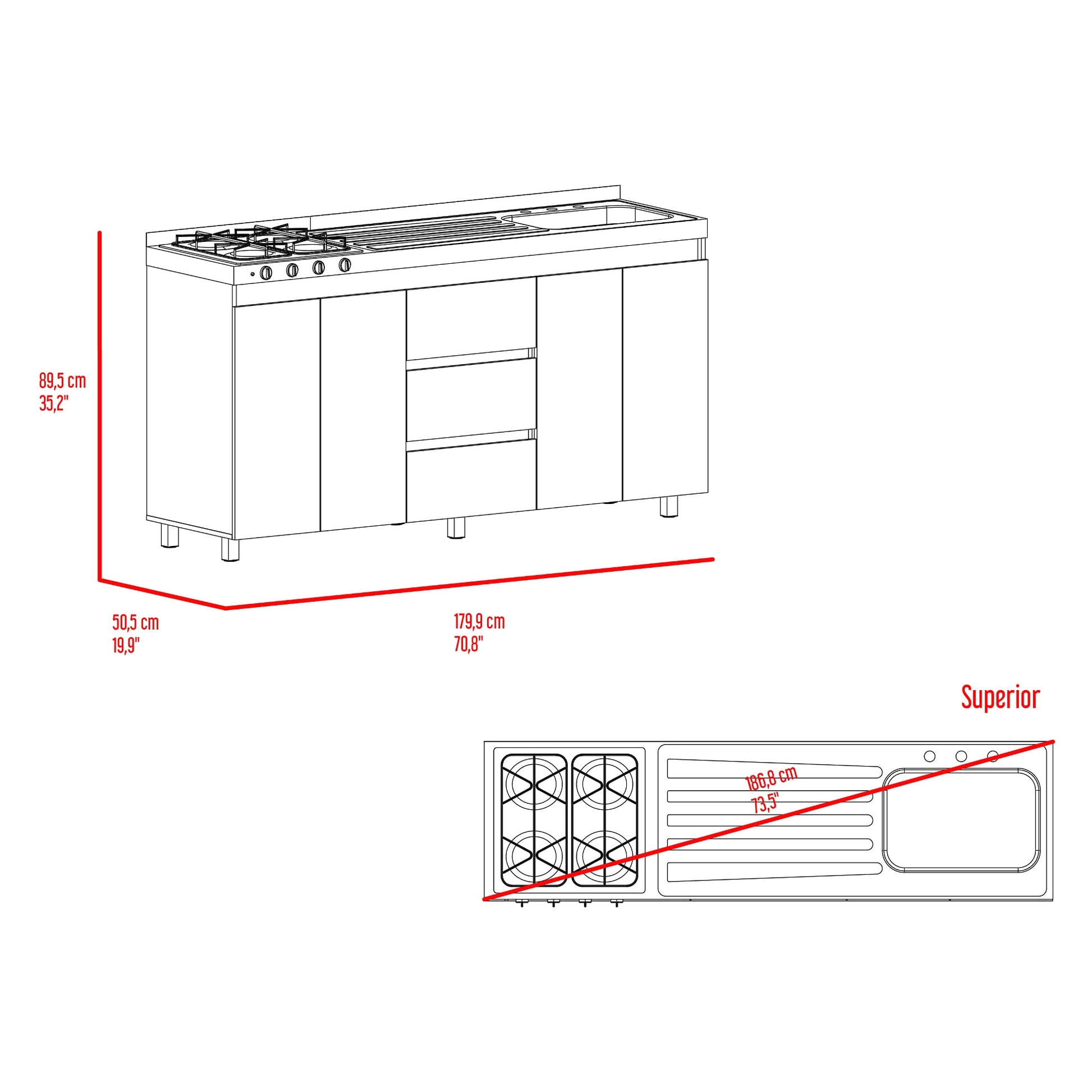 Mueble Inferior Cocina Der 180 Boreal 89X179X49 Rta Blanco Fresno