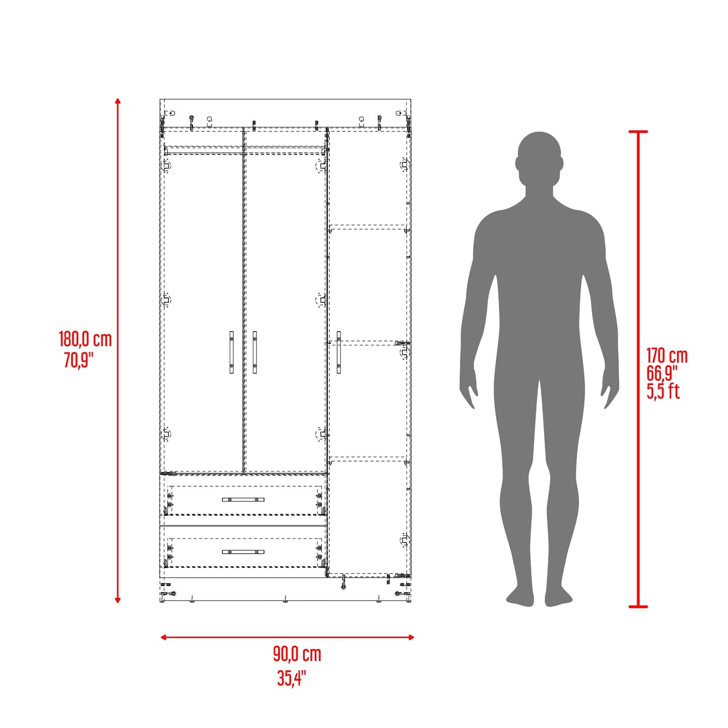 Closet Houston 3 Puertas 2 Cajones 180X90X47 Rta Cartagena Wengue