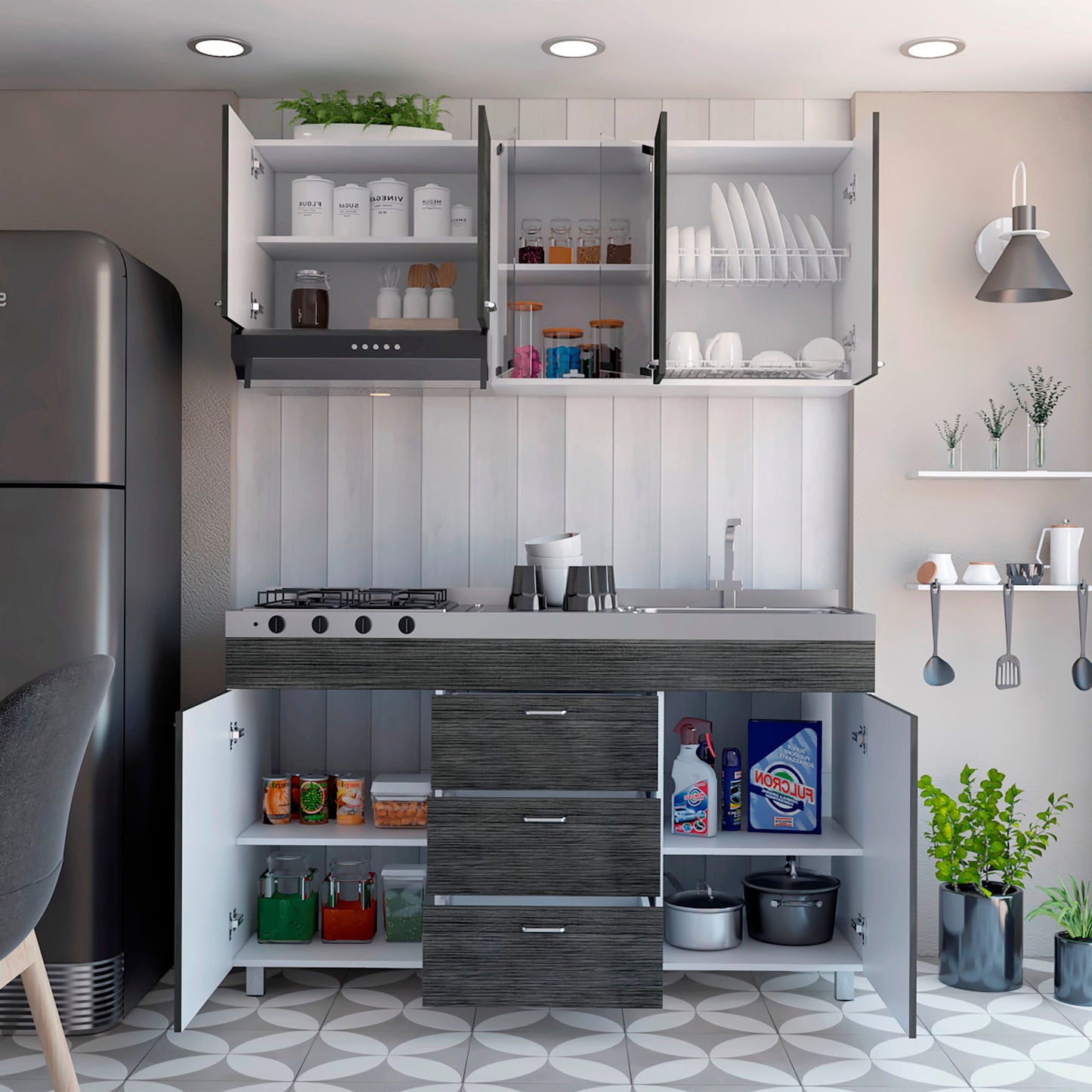 Cocina 150 Lumina Der 60X150X31 Rta Blanco Roble Gris