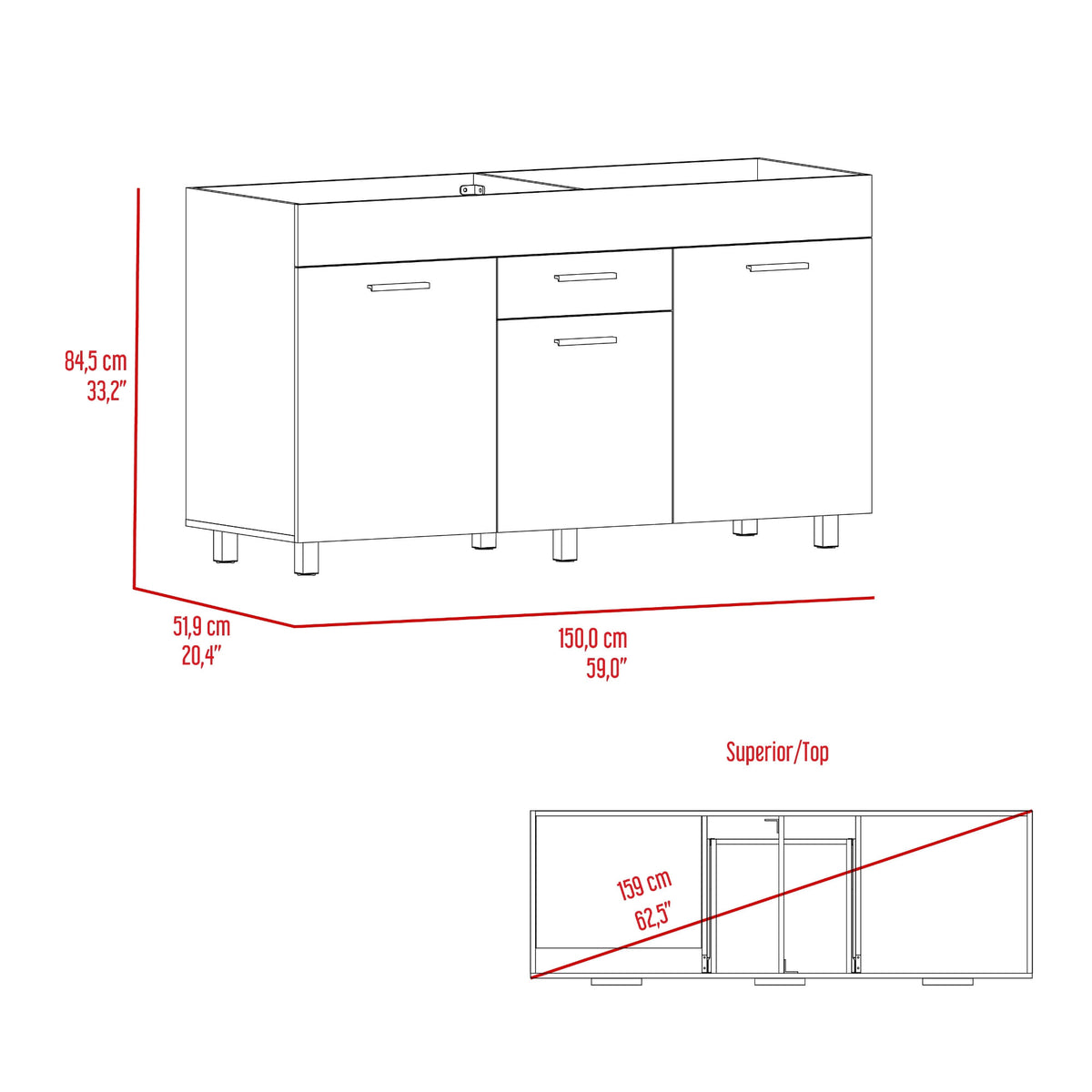 Mueble Inferior Cocina Rosa 84X148X49 Rta Wengue Positano