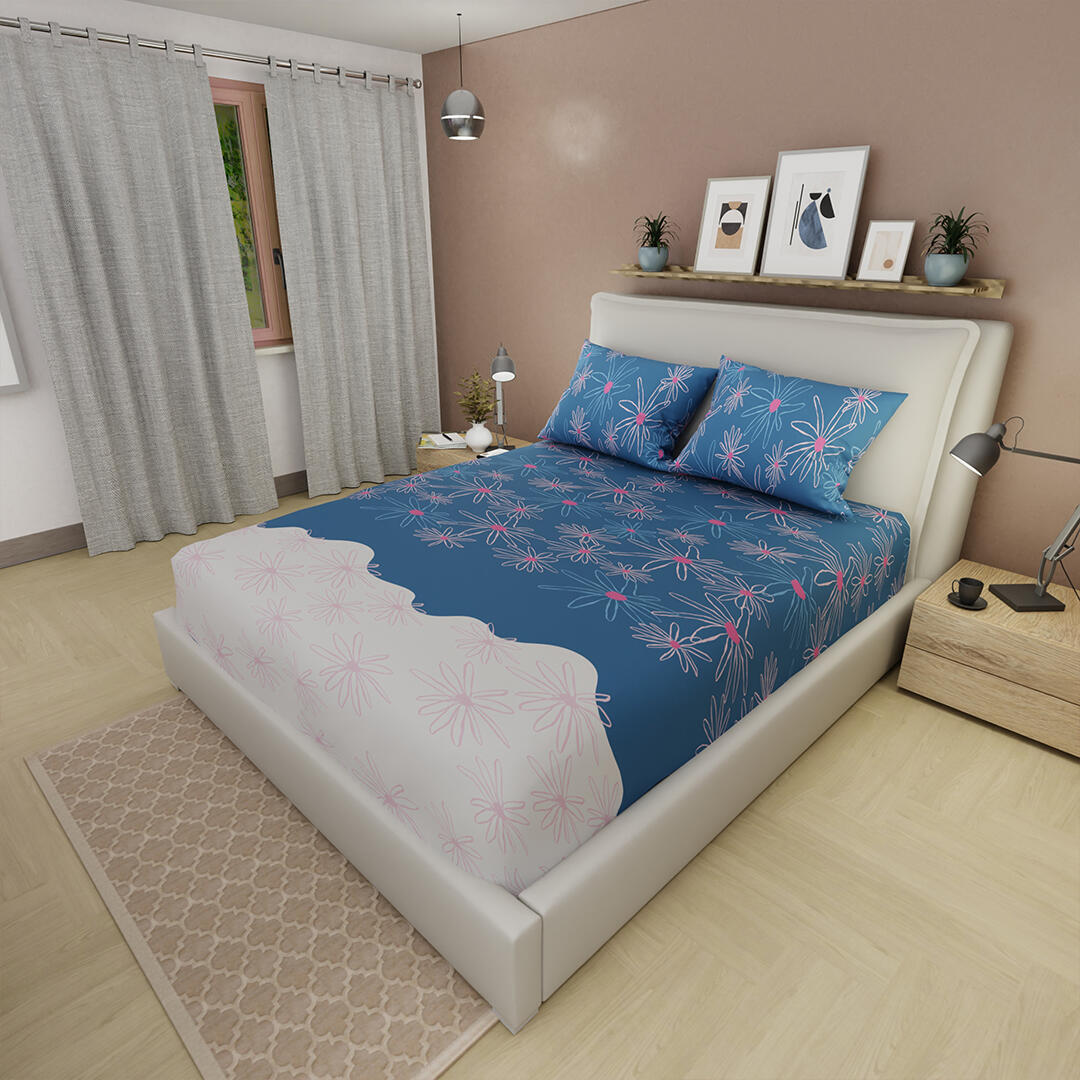 Sábana Ajustable Flores Rosadas Fondo Azul Con Blanco