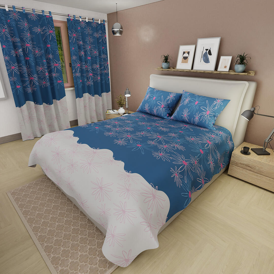 Juego De Sábanas Microfibra Suavizada Azul Blanco Flores Confortable