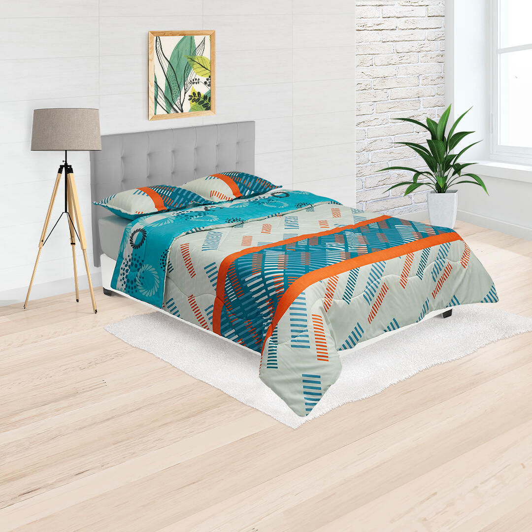 Cubrelecho Semiacolchado Doble Faz Azul Patrón Brisa Tropical Con Líneas Blancas Suavemente Acolchado
