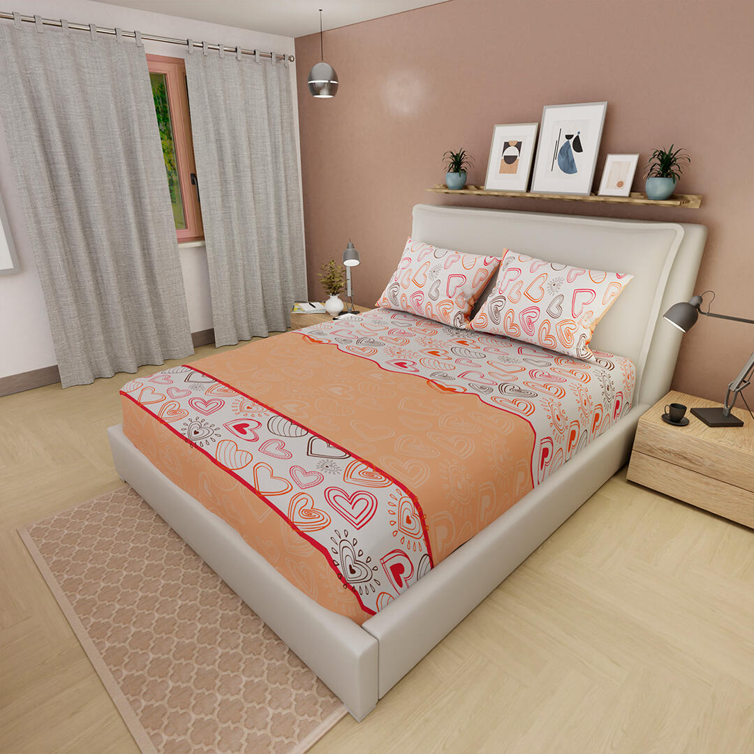Sábana Ajustable Estampado De Corazones Fondo Naranja Claro Y Blanco Práctica
