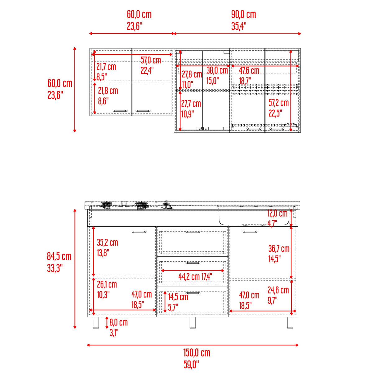 Cocina 150 Lumina Der 60X150X31 Rta Blanco Positano